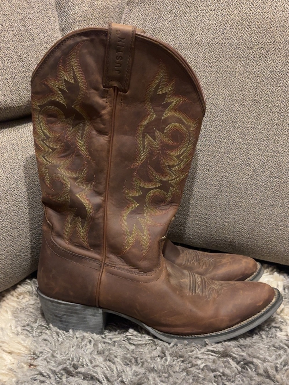 Justin Boots Brown Leather Cowboy Boots with Yellow Logo Print